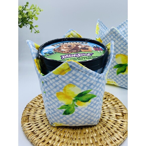 Microwave Bowl Cozy Reversible, Lemons On Blue Gingham, 3 Piece Set - Picture 7 of 9